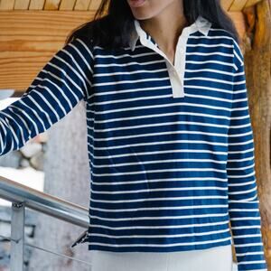 Minnow Striped Rugby Shirt Polo Collared Long Sleeve Navy Cream Size Medium